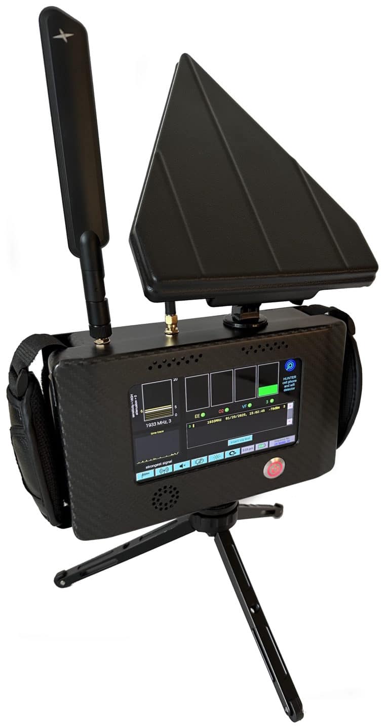 The Hunter cell phone detector on a tripod
