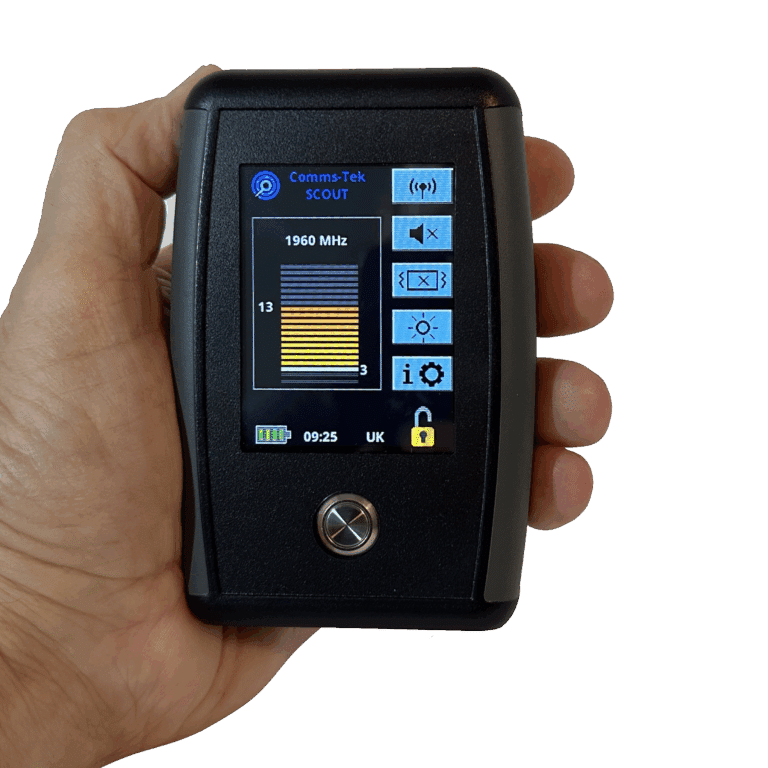 comms tek scout mobile phone detector held in one hand